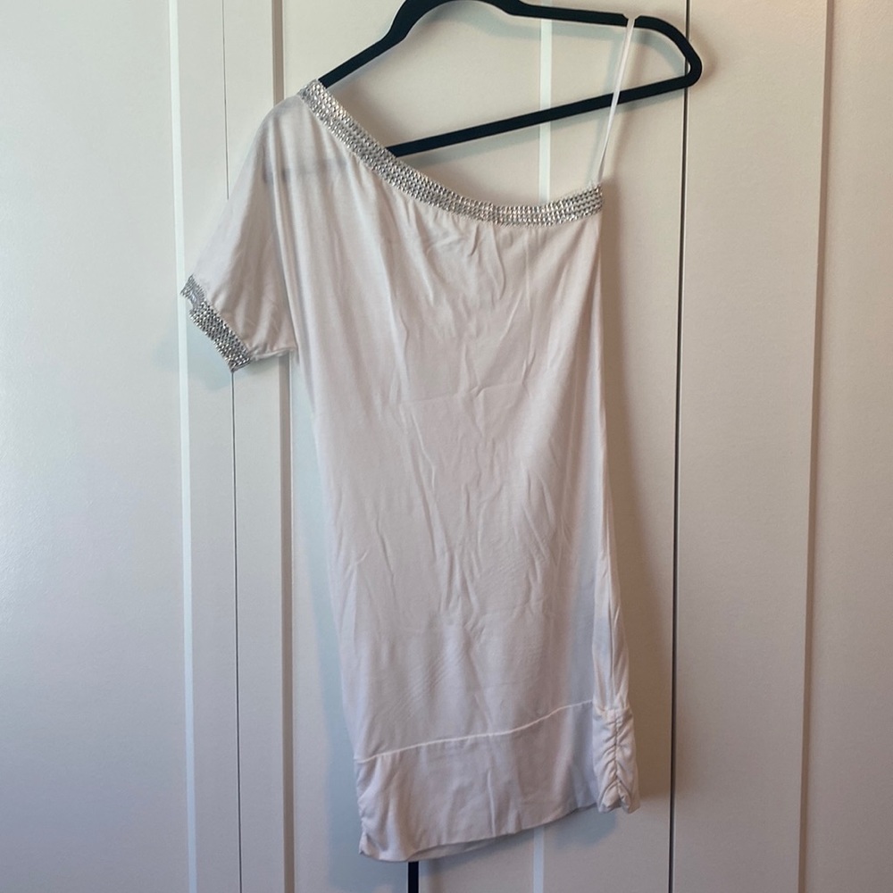 FREE WITH PURCHASE New White One Shoulder Dress with Silver Trim